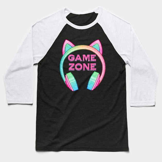 Game Zone Cat Ear Headphones - Girl Gamer Baseball T-Shirt by Trinket Trickster